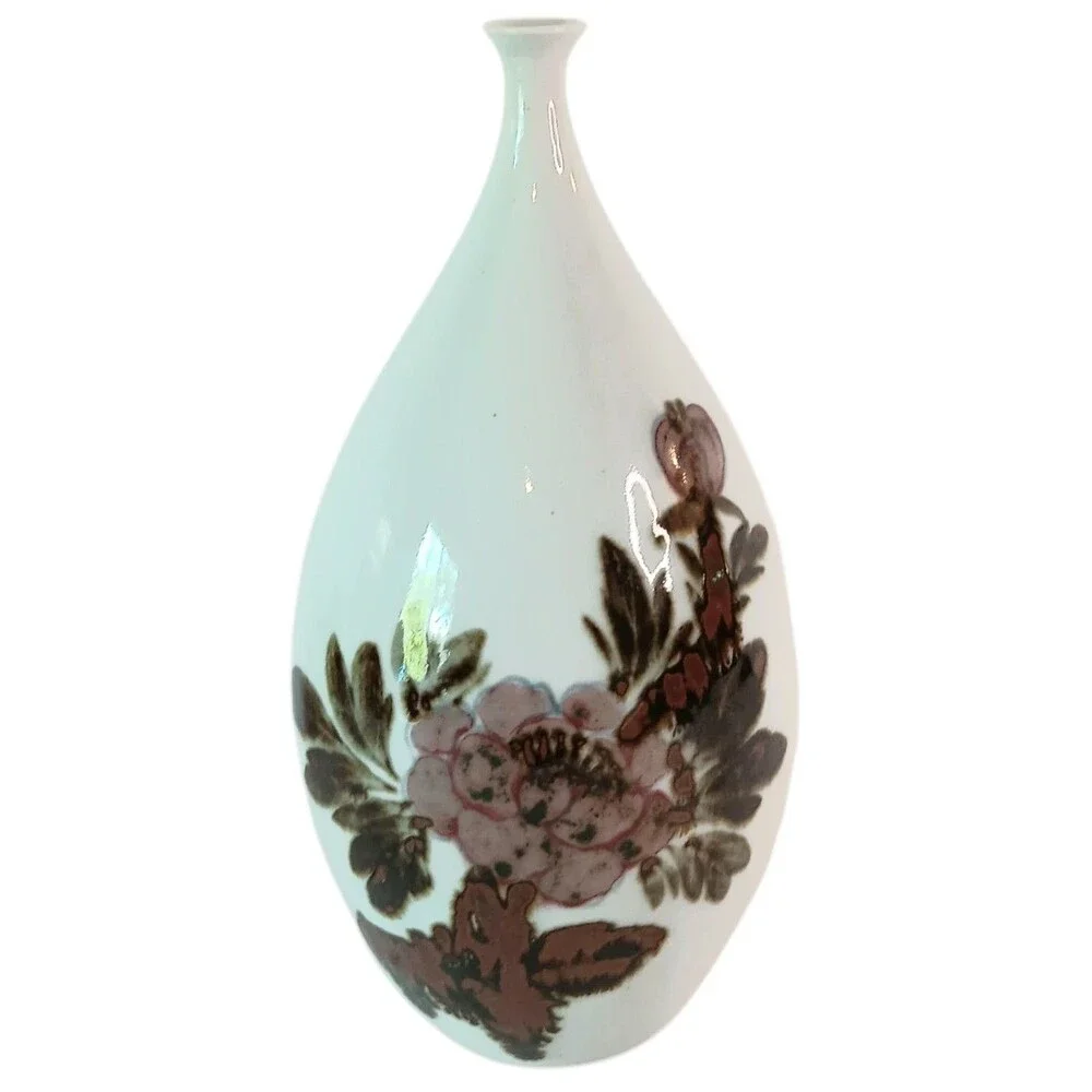 Floral Vase Narrow Neck Japanese Asian Abstract White Pink Flowers 8.5